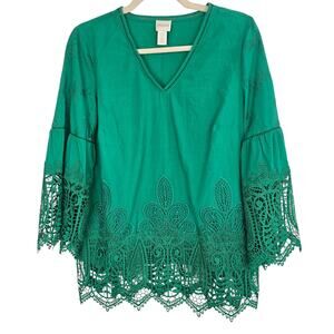 Chicos Womens Kelly Green Embroidered Tunic Size 0 Small Coastal Grandma Resort